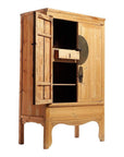 Natural finish wood Chinese armoire with open door, visible shelves, drawer, and round medallion hardware front view.