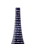 Dark blue ceramic Thai vase with white lines, handmade in Northern Thailand, on a plain white background.