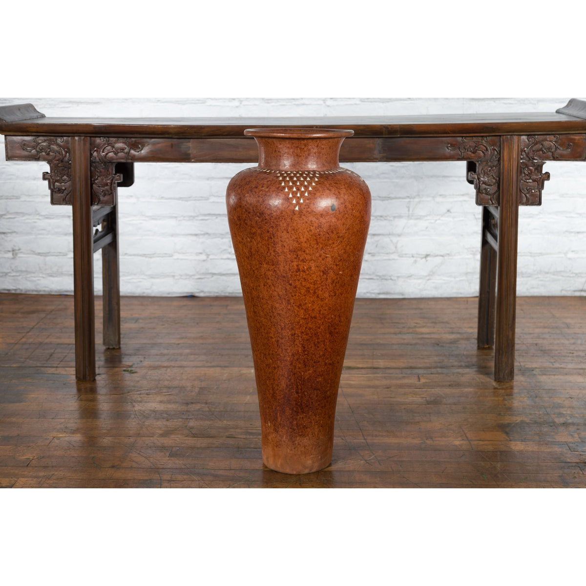 Large Vintage Asian Handcrafted Vase with White Inlaid Triangular Motifs-2. Asian & Chinese Furniture, Art, Antiques, Vintage Home Décor for sale at FEA Home