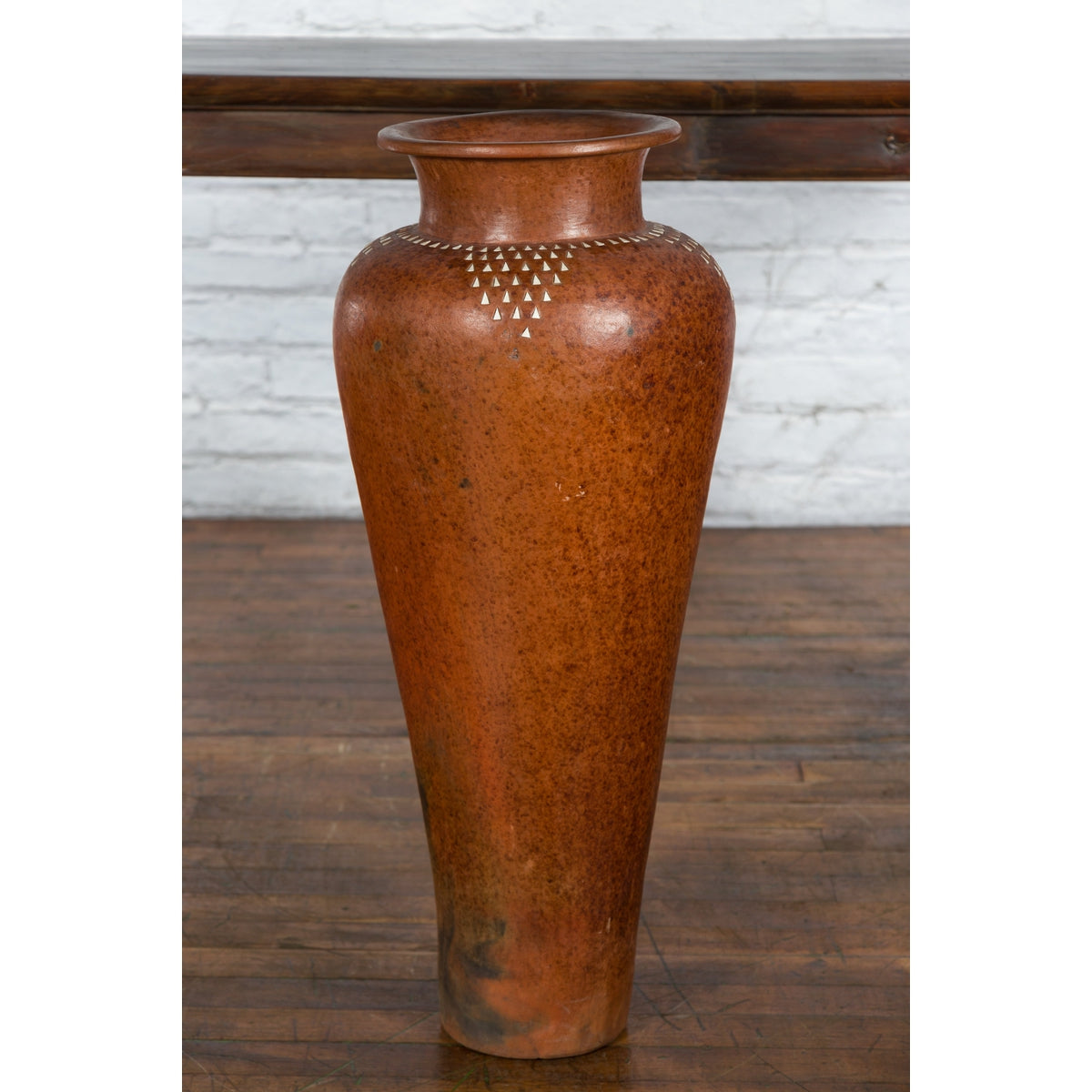 Large Vintage Asian Handcrafted Vase with White Inlaid Triangular Motifs-7. Asian & Chinese Furniture, Art, Antiques, Vintage Home Décor for sale at FEA Home