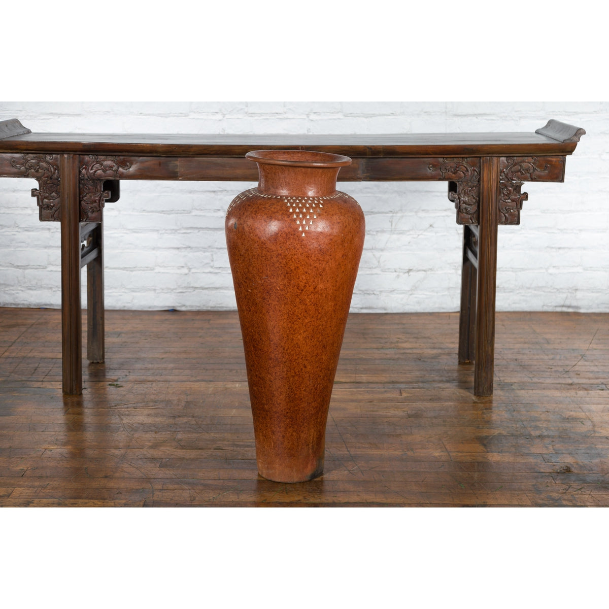 Large Vintage Asian Handcrafted Vase with White Inlaid Triangular Motifs-9. Asian & Chinese Furniture, Art, Antiques, Vintage Home Décor for sale at FEA Home