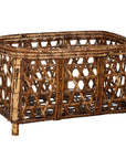 Brown bamboo vintage Thai fretwork basket with short feet, circa 1950, on white background.