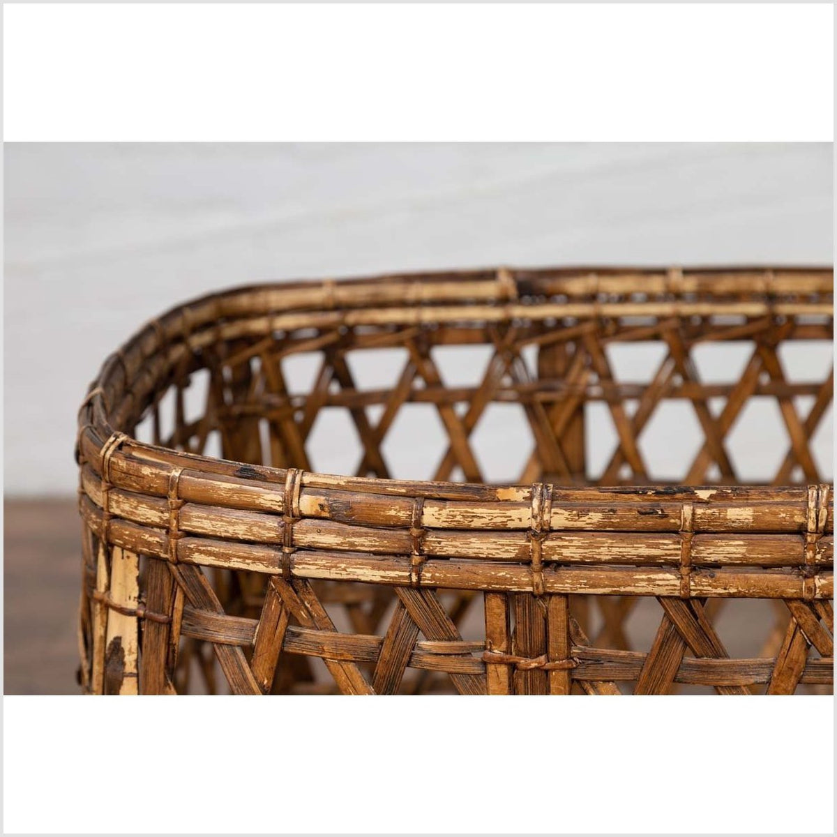 Large Vintage Thai Bamboo Fretwork Basket Raised on Short Feet, circa 1950-7. Asian & Chinese Furniture, Art, Antiques, Vintage Home Décor for sale at FEA Home