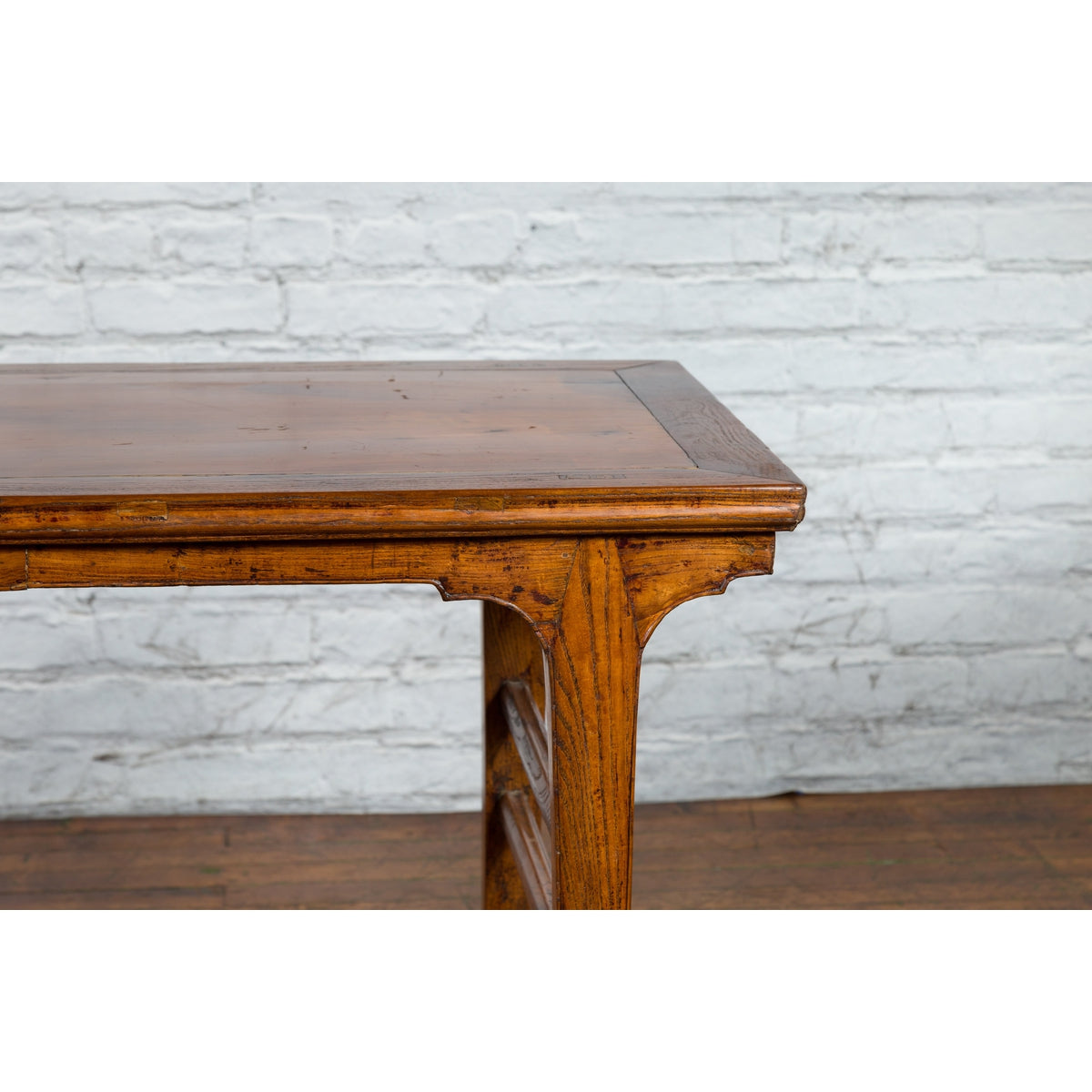 Late Qing Dynasty Chinese Elm Wine Table with Carved Legs and Side Stretchers-7. Asian & Chinese Furniture, Art, Antiques, Vintage Home Décor for sale at FEA Home