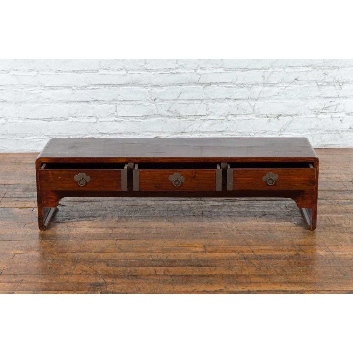 Late Qing Dynasty Chinese Low Kang Waterfall Table with Drawers and Brass Plates-10. Asian & Chinese Furniture, Art, Antiques, Vintage Home Décor for sale at FEA Home