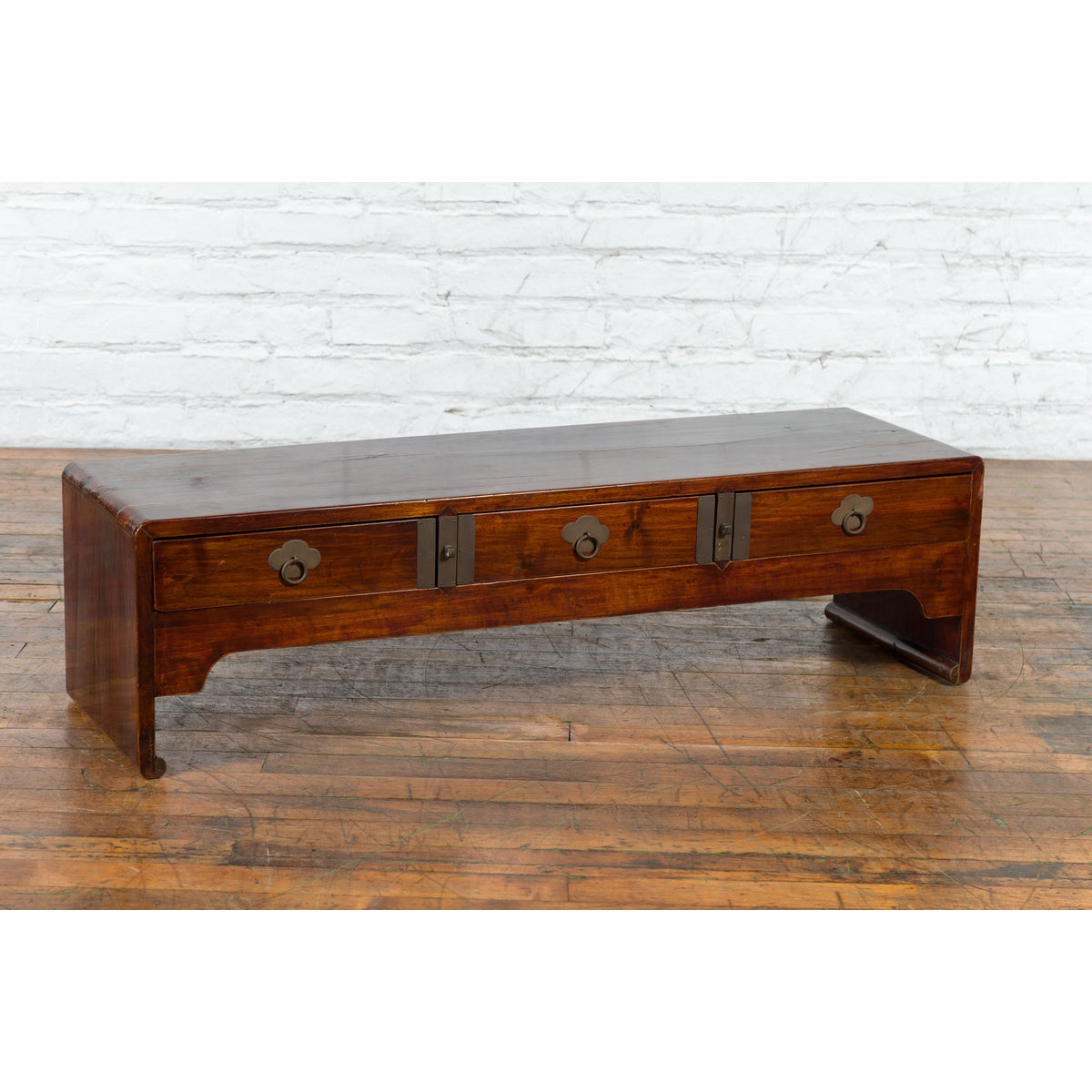 Late Qing Dynasty Chinese Low Kang Waterfall Table with Drawers and Brass Plates-11. Asian & Chinese Furniture, Art, Antiques, Vintage Home Décor for sale at FEA Home