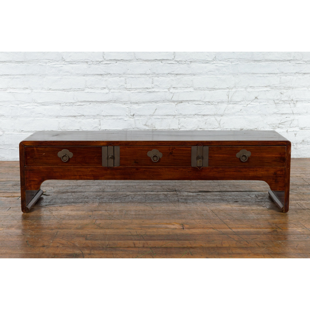 Late Qing Dynasty Chinese Low Kang Waterfall Table with Drawers and Brass Plates-13. Asian & Chinese Furniture, Art, Antiques, Vintage Home Décor for sale at FEA Home