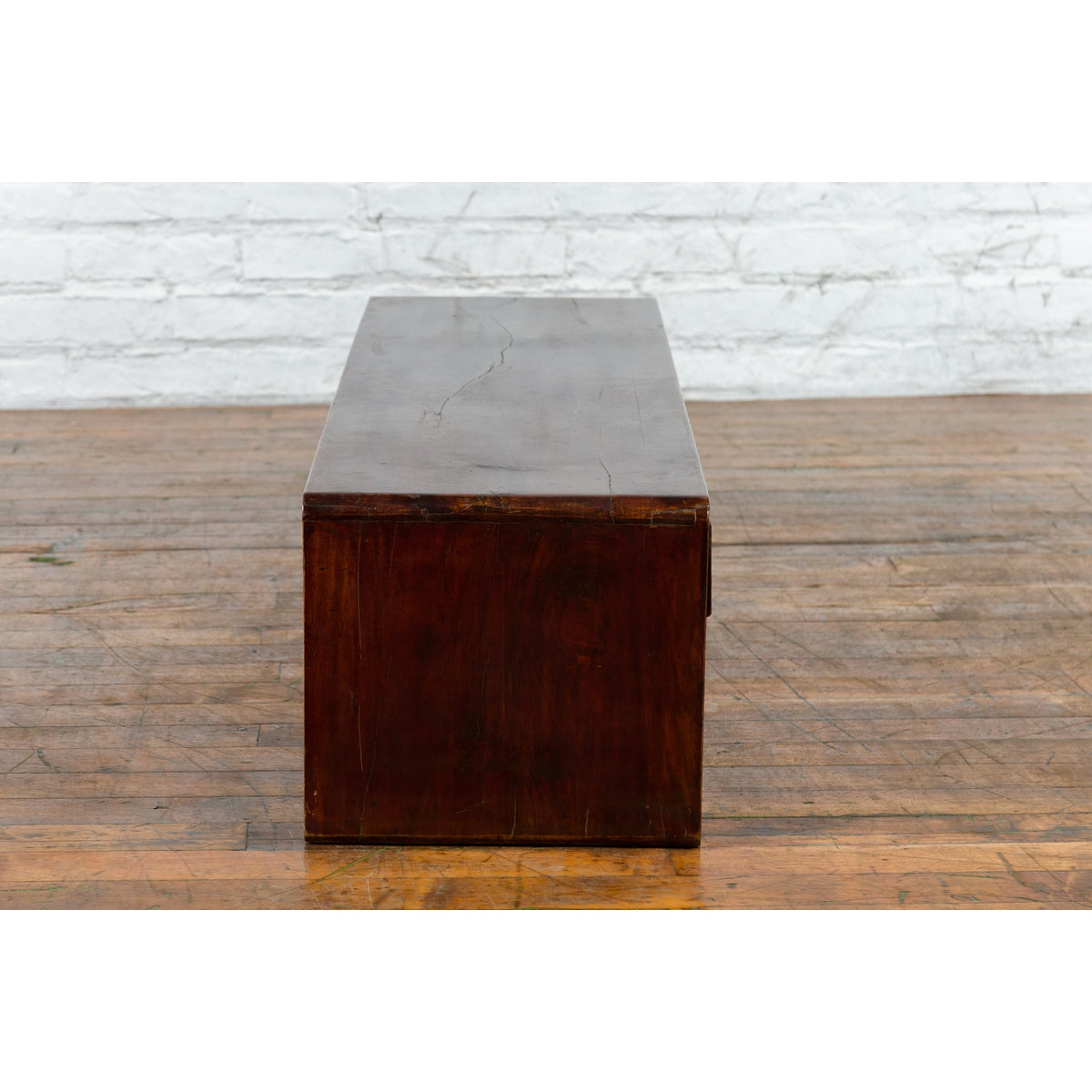 Late Qing Dynasty Chinese Low Kang Waterfall Table with Drawers and Brass Plates-14. Asian & Chinese Furniture, Art, Antiques, Vintage Home Décor for sale at FEA Home