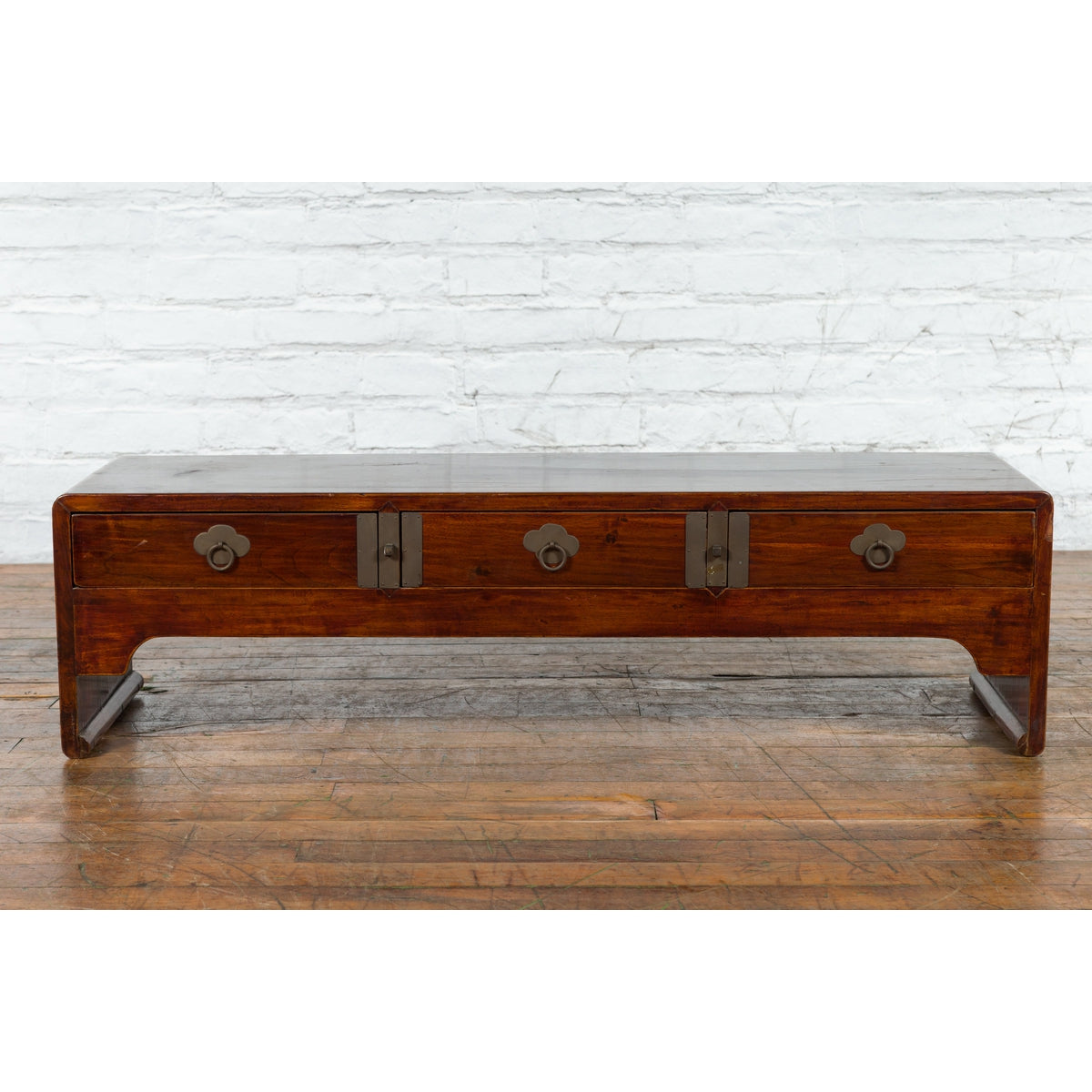 Late Qing Dynasty Chinese Low Kang Waterfall Table with Drawers and Brass Plates-15. Asian & Chinese Furniture, Art, Antiques, Vintage Home Décor for sale at FEA Home