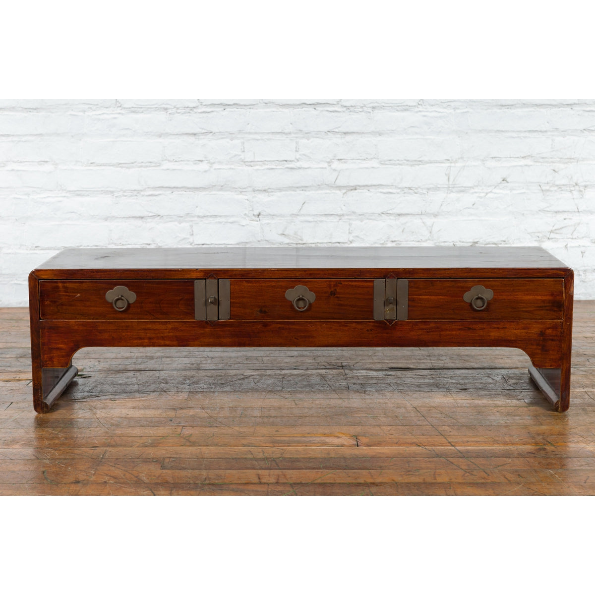 Late Qing Dynasty Chinese Low Kang Waterfall Table with Drawers and Brass Plates-16. Asian & Chinese Furniture, Art, Antiques, Vintage Home Décor for sale at FEA Home