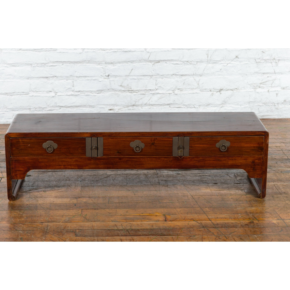 Late Qing Dynasty Chinese Low Kang Waterfall Table with Drawers and Brass Plates-17. Asian & Chinese Furniture, Art, Antiques, Vintage Home Décor for sale at FEA Home