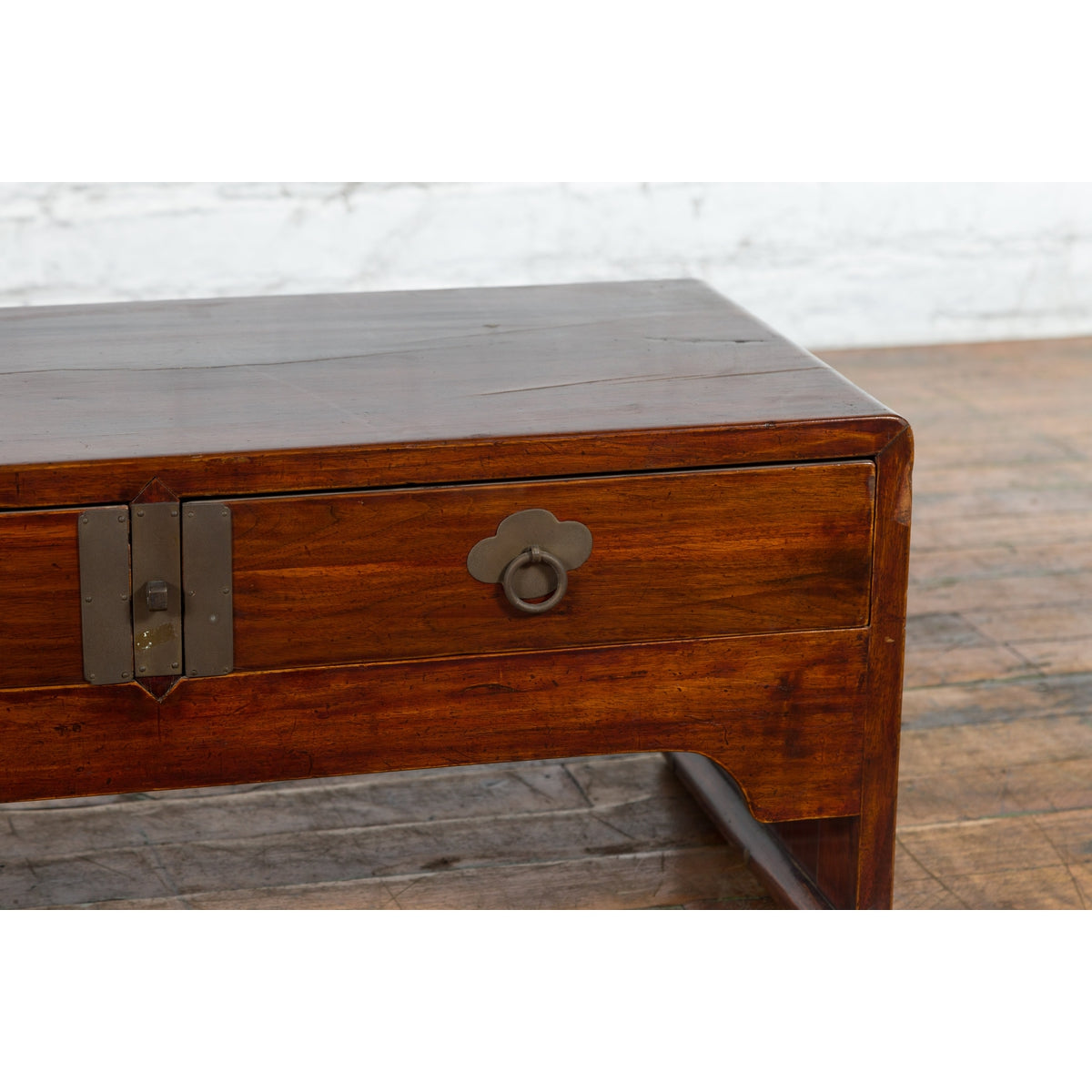 Late Qing Dynasty Chinese Low Kang Waterfall Table with Drawers and Brass Plates-4. Asian & Chinese Furniture, Art, Antiques, Vintage Home Décor for sale at FEA Home