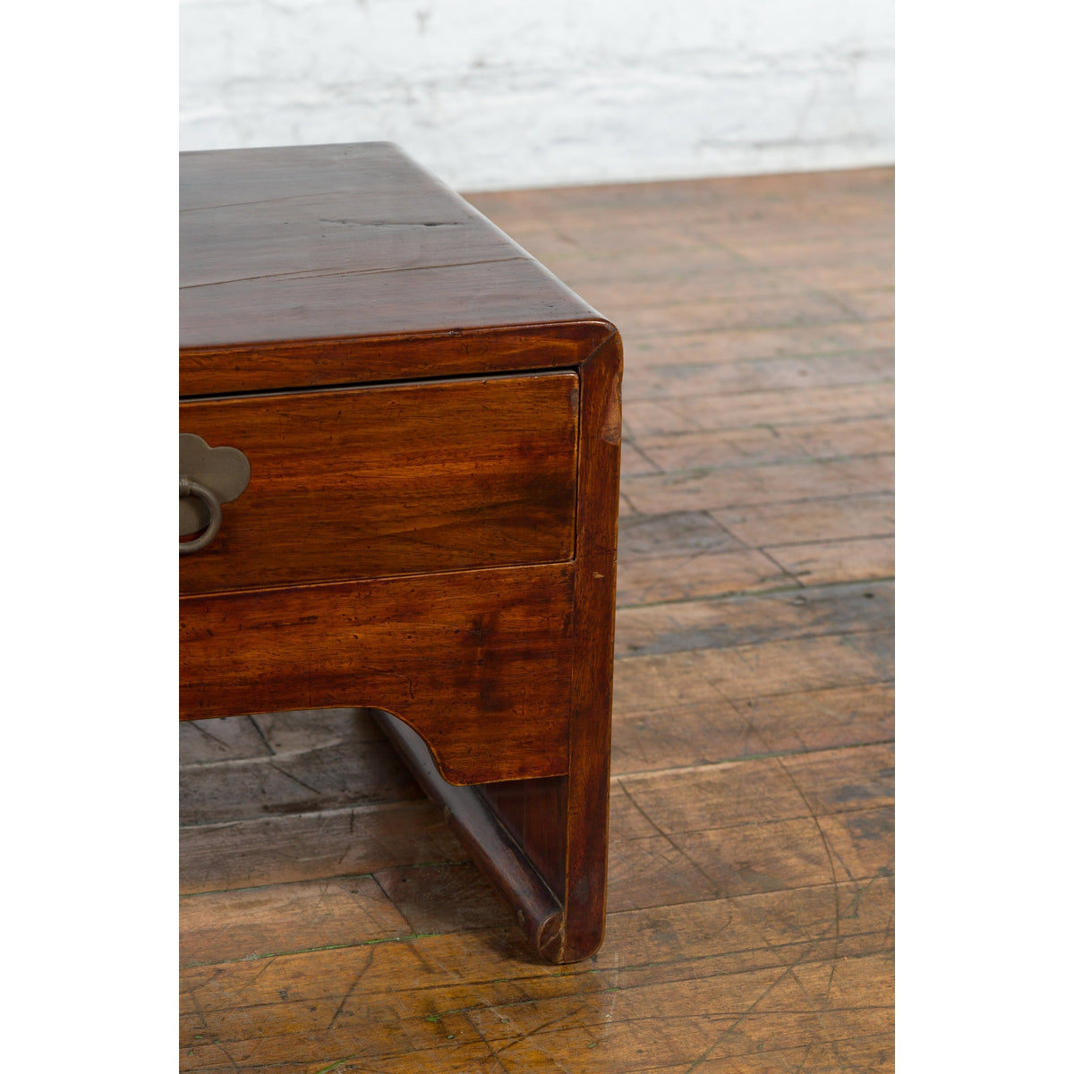 Late Qing Dynasty Chinese Low Kang Waterfall Table with Drawers and Brass Plates-5. Asian & Chinese Furniture, Art, Antiques, Vintage Home Décor for sale at FEA Home