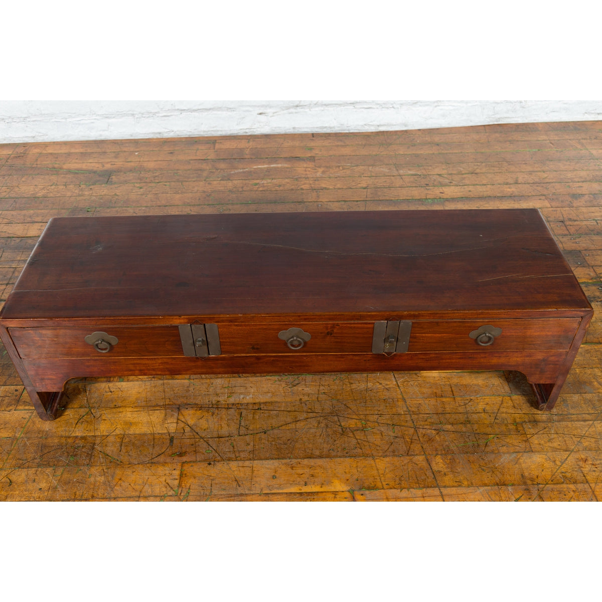 Late Qing Dynasty Chinese Low Kang Waterfall Table with Drawers and Brass Plates-7. Asian & Chinese Furniture, Art, Antiques, Vintage Home Décor for sale at FEA Home
