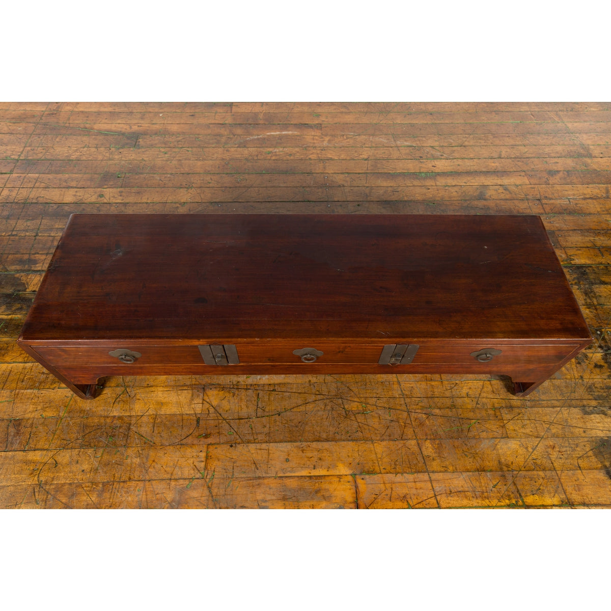 Late Qing Dynasty Chinese Low Kang Waterfall Table with Drawers and Brass Plates-8. Asian & Chinese Furniture, Art, Antiques, Vintage Home Décor for sale at FEA Home