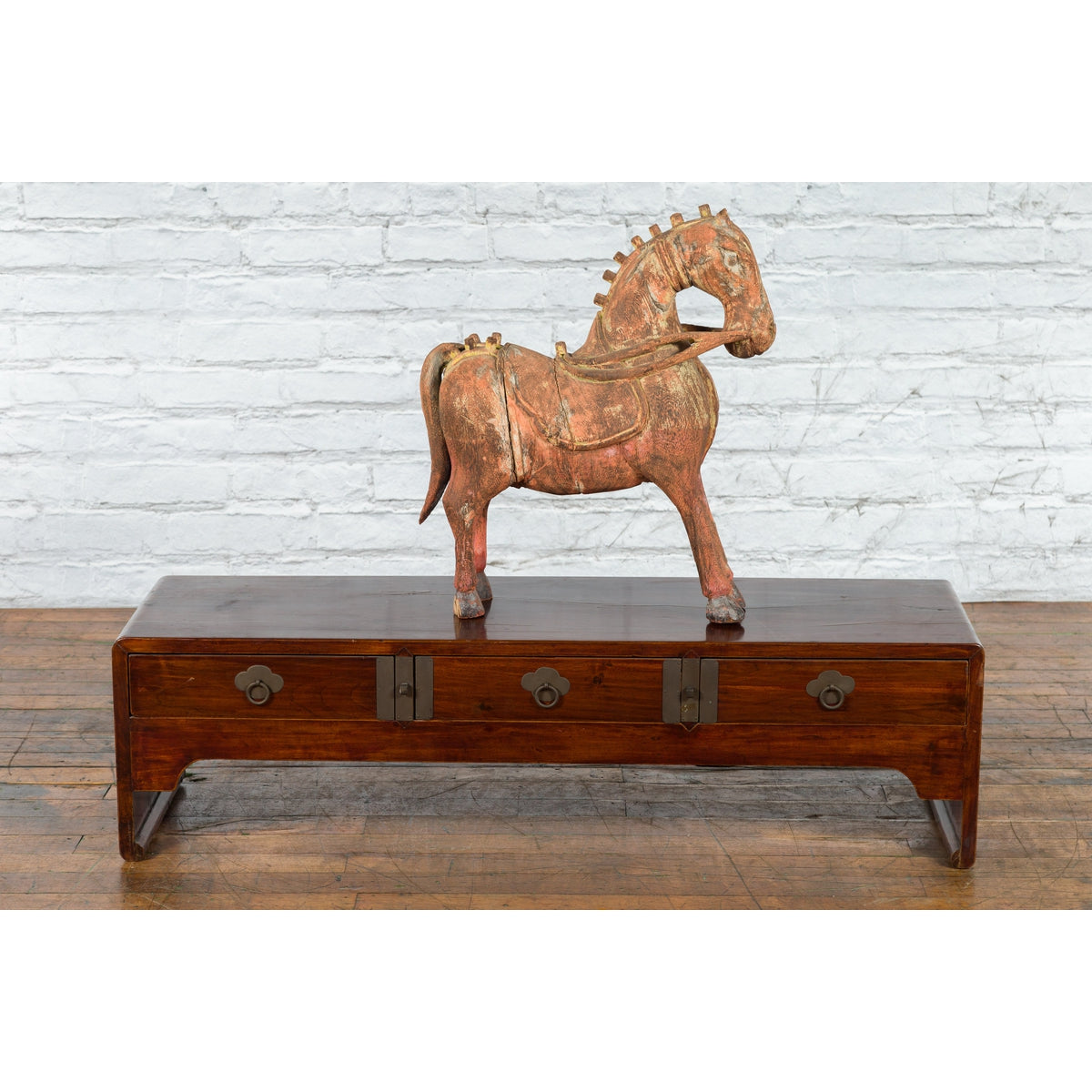 Late Qing Dynasty Chinese Low Kang Waterfall Table with Drawers and Brass Plates-9. Asian & Chinese Furniture, Art, Antiques, Vintage Home Décor for sale at FEA Home