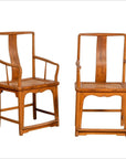 Brown wood and rattan Ming Dynasty style wedding armchairs, curving arms, side and front views.