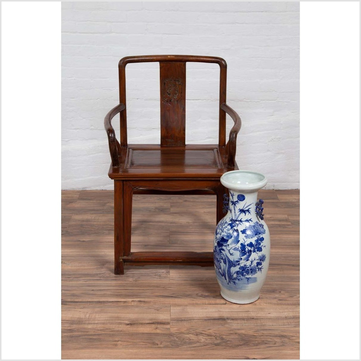 Ming Dynasty Style Wooden Wedding Chair with Carved Medallion and Curving Arms-3. Asian & Chinese Furniture, Art, Antiques, Vintage Home Décor for sale at FEA Home