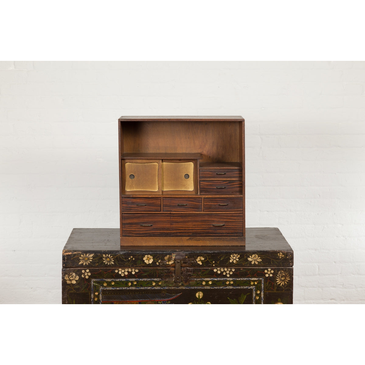 Miniature Japanese Taishō Period Zebra Wood Tansu Chest with Sliding Doors-16. Asian & Chinese Furniture, Art, Antiques, Vintage Home Décor for sale at FEA Home
