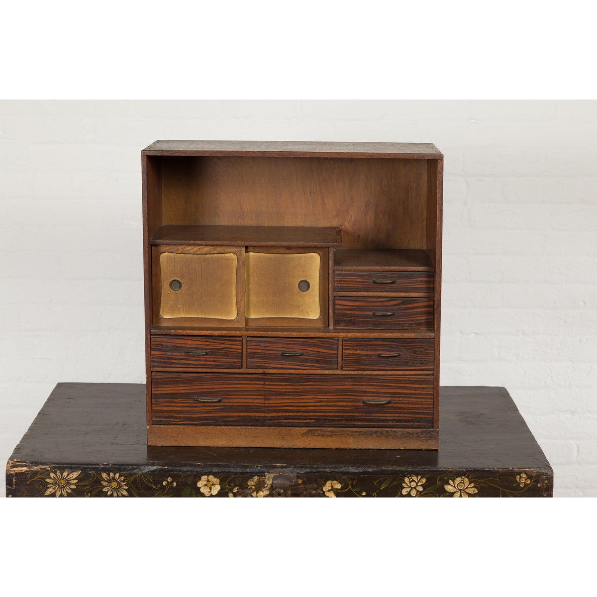 Miniature Japanese Taishō Period Zebra Wood Tansu Chest with Sliding Doors-17. Asian & Chinese Furniture, Art, Antiques, Vintage Home Décor for sale at FEA Home