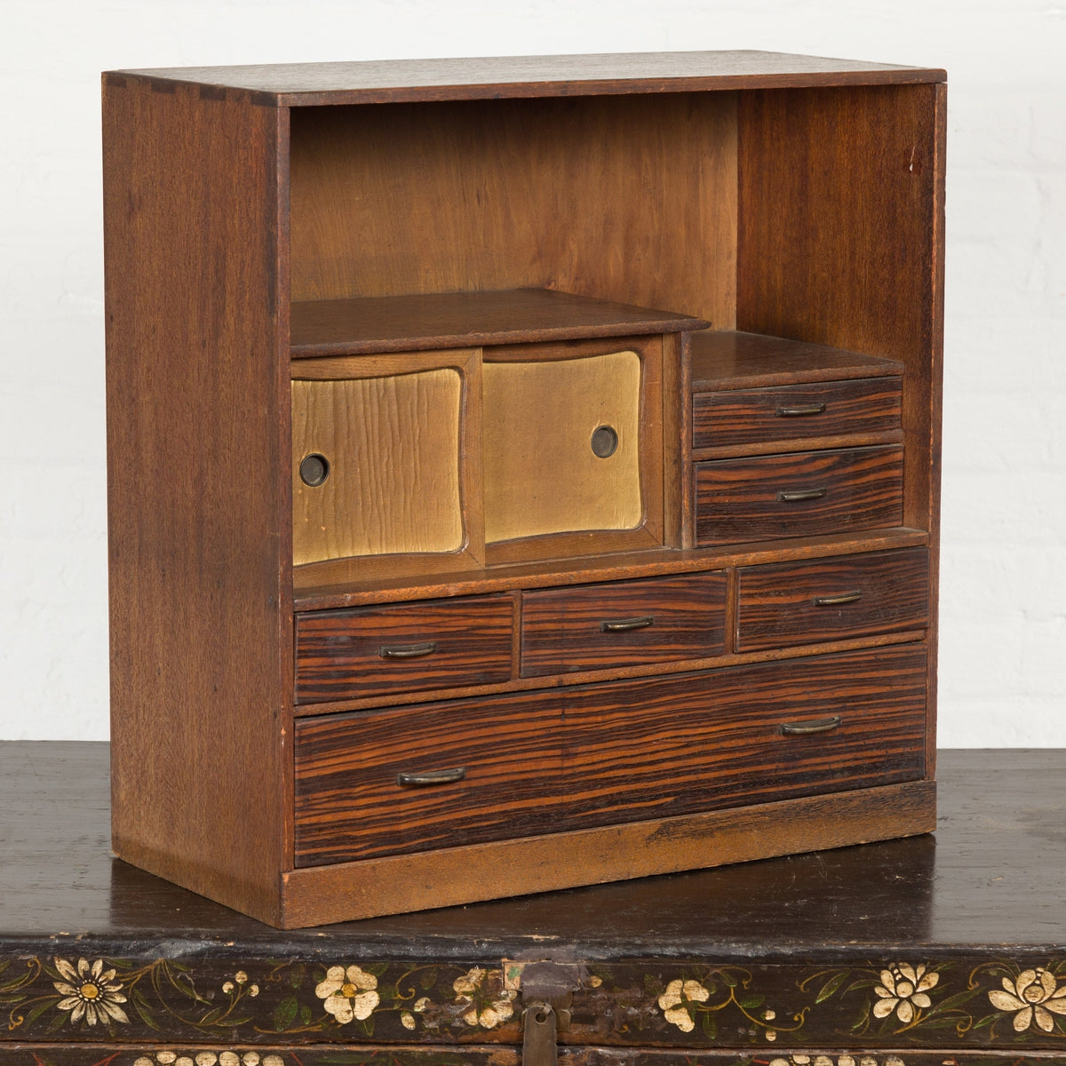 Miniature Japanese Taishō Period Zebra Wood Tansu Chest with Sliding Doors-3. Asian & Chinese Furniture, Art, Antiques, Vintage Home Décor for sale at FEA Home