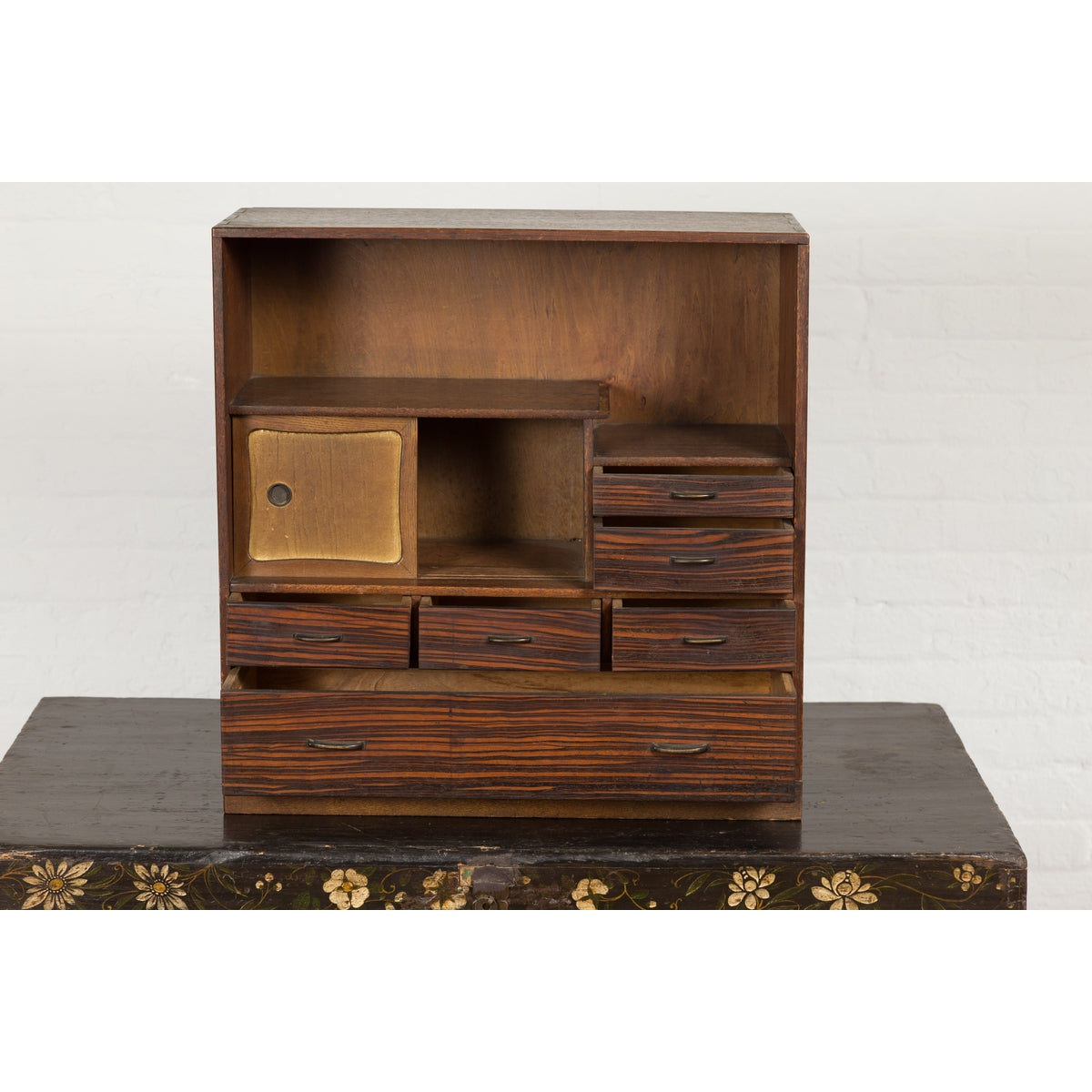 Miniature Japanese Taishō Period Zebra Wood Tansu Chest with Sliding Doors-5. Asian & Chinese Furniture, Art, Antiques, Vintage Home Décor for sale at FEA Home