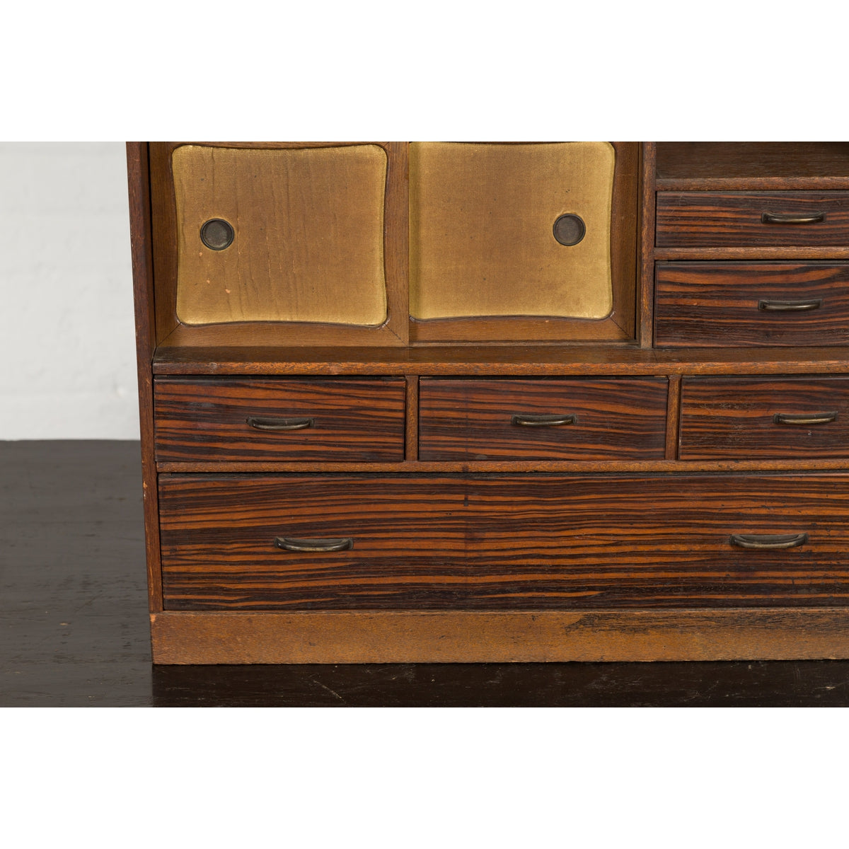 Miniature Japanese Taishō Period Zebra Wood Tansu Chest with Sliding Doors-7. Asian & Chinese Furniture, Art, Antiques, Vintage Home Décor for sale at FEA Home