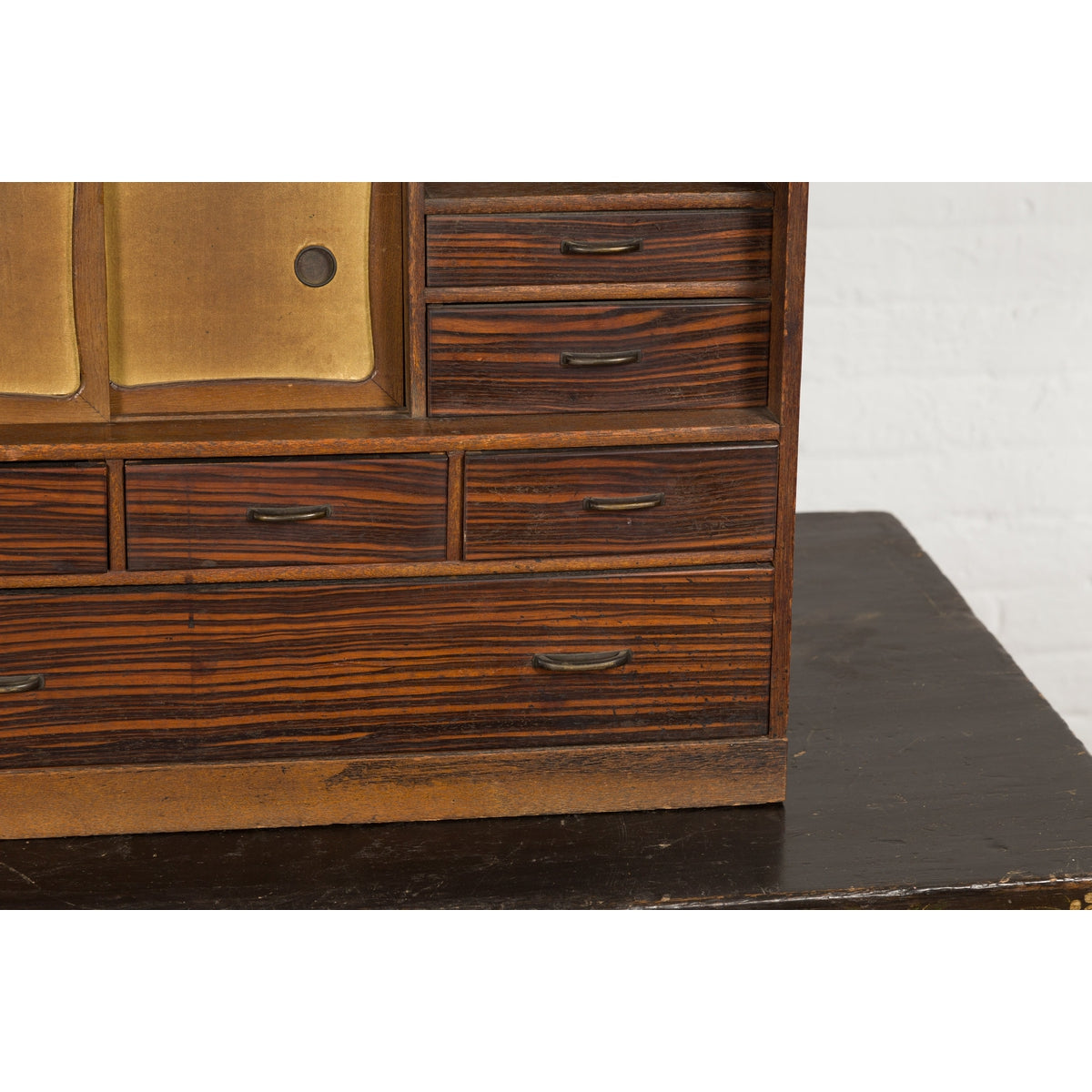 Miniature Japanese Taishō Period Zebra Wood Tansu Chest with Sliding Doors-8. Asian & Chinese Furniture, Art, Antiques, Vintage Home Décor for sale at FEA Home