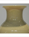 Close-up of off-white crackle porcelain vase with wide flared rim and crackled glaze finish.