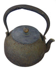 Brown metal Japanese teapot with curved handle and round lid on a white background.