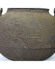 Close-up of a brown metal Japanese teapot with textured, rusty surface and faint markings, in used condition.