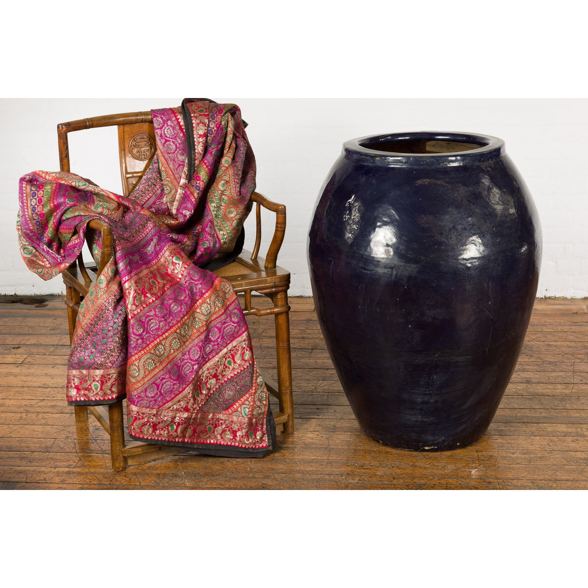 Oversized Vintage Thai Midnight Blue Glazed Water Vessel with Tapering Lines-3. Asian & Chinese Furniture, Art, Antiques, Vintage Home Décor for sale at FEA Home