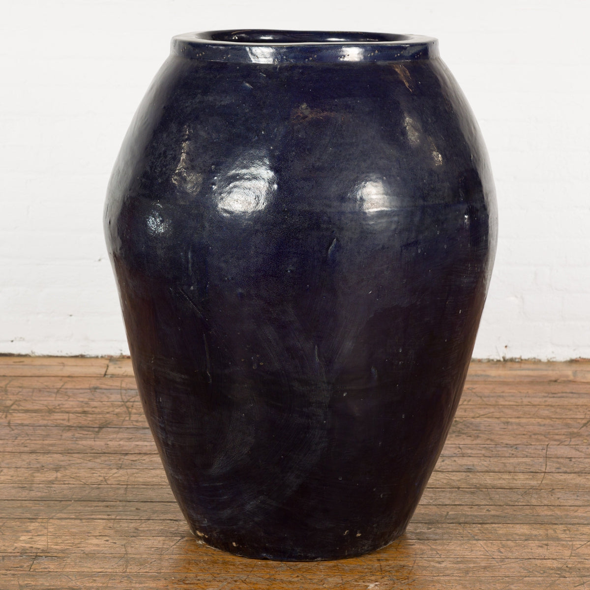 Oversized Vintage Thai Midnight Blue Glazed Water Vessel with Tapering Lines-4. Asian & Chinese Furniture, Art, Antiques, Vintage Home Décor for sale at FEA Home