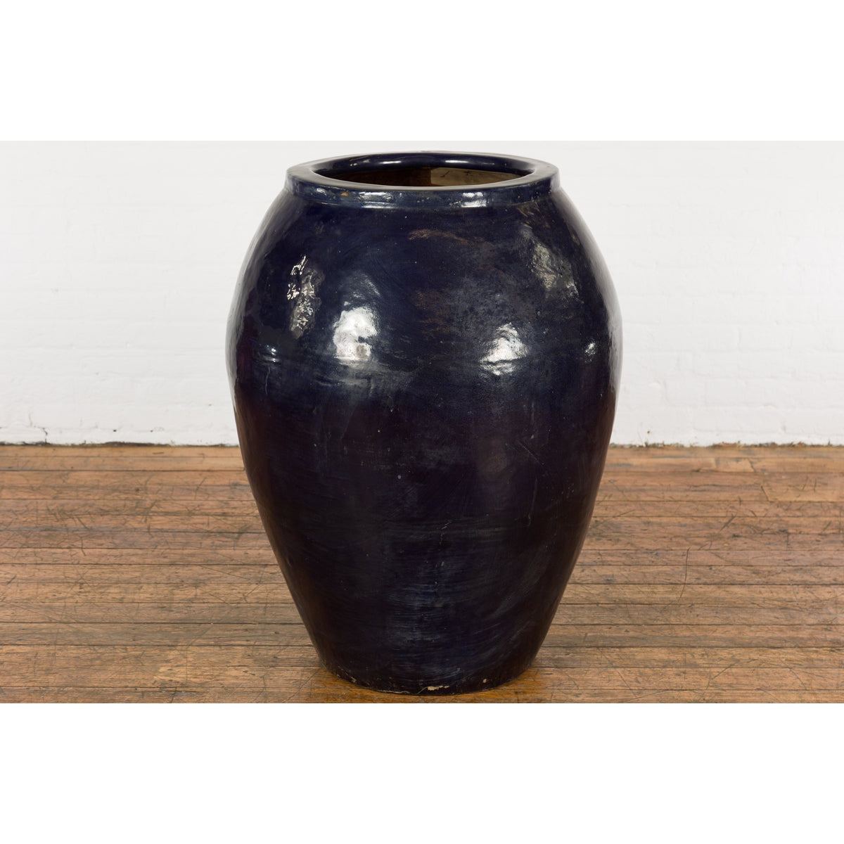 Oversized Vintage Thai Midnight Blue Glazed Water Vessel with Tapering Lines-9. Asian & Chinese Furniture, Art, Antiques, Vintage Home Décor for sale at FEA Home