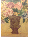 Colorful carved urn vase with assorted flowers, set against a vibrant yellow background, close-up painting view.