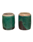 Green ceramic antique Chinese planters with rustic texture, displayed side by side on a white background.