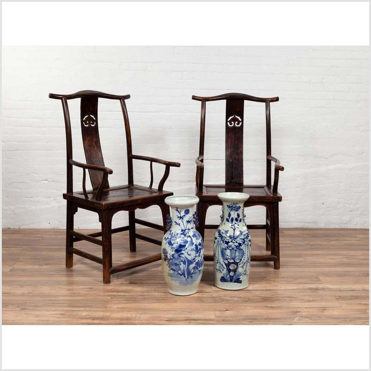 Pair of Chinese 1880s Official's Hat Chairs with Pierced Splats and Curving Arms-3. Asian & Chinese Furniture, Art, Antiques, Vintage Home Décor for sale at FEA Home