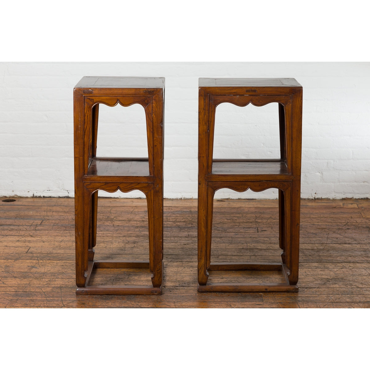 Pair of Chinese Late Qing Dynasty Tiered Lamp Tables with Carved Aprons-11. Asian & Chinese Furniture, Art, Antiques, Vintage Home Décor for sale at FEA Home