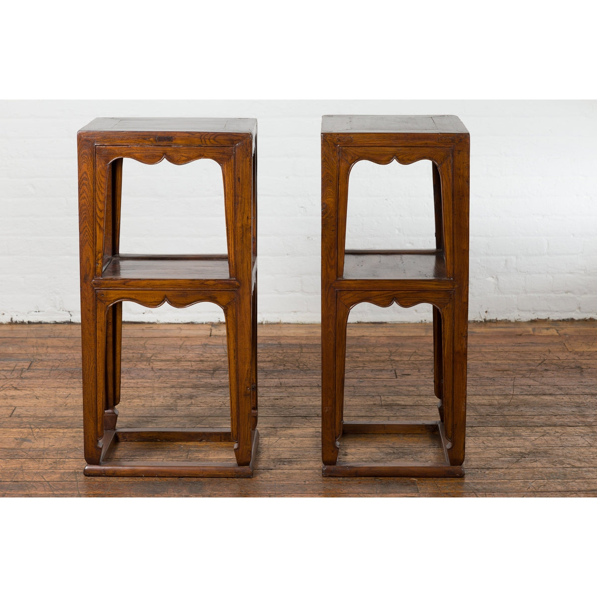 Pair of Chinese Late Qing Dynasty Tiered Lamp Tables with Carved Aprons-12. Asian & Chinese Furniture, Art, Antiques, Vintage Home Décor for sale at FEA Home