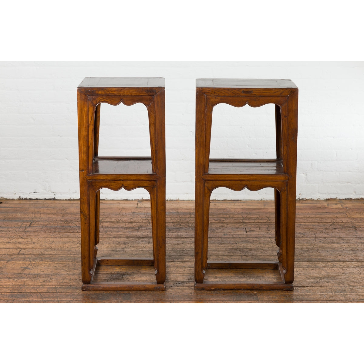 Pair of Chinese Late Qing Dynasty Tiered Lamp Tables with Carved Aprons-13. Asian & Chinese Furniture, Art, Antiques, Vintage Home Décor for sale at FEA Home