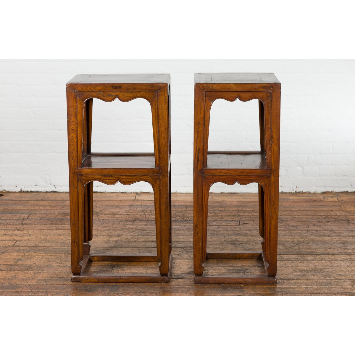 Pair of Chinese Late Qing Dynasty Tiered Lamp Tables with Carved Aprons-14. Asian & Chinese Furniture, Art, Antiques, Vintage Home Décor for sale at FEA Home