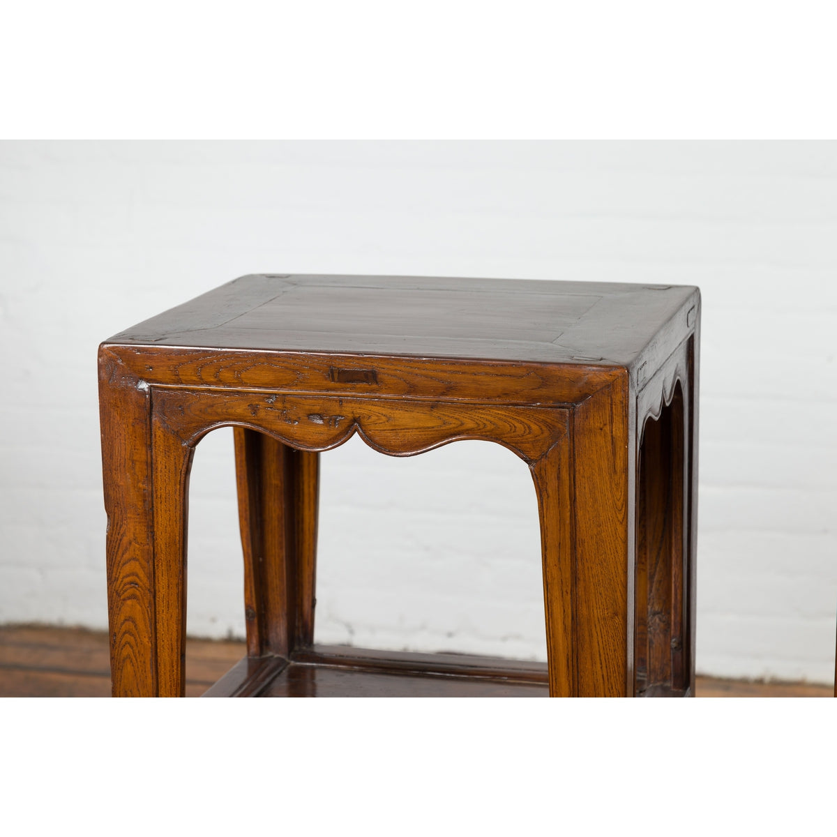 Pair of Chinese Late Qing Dynasty Tiered Lamp Tables with Carved Aprons-6. Asian & Chinese Furniture, Art, Antiques, Vintage Home Décor for sale at FEA Home
