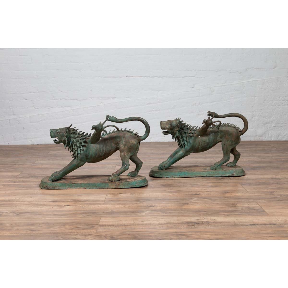 Pair of Contemporary Thai Cast Bronze Mythological Guardian Animal Sculptures-4. Asian & Chinese Furniture, Art, Antiques, Vintage Home Décor for sale at FEA Home