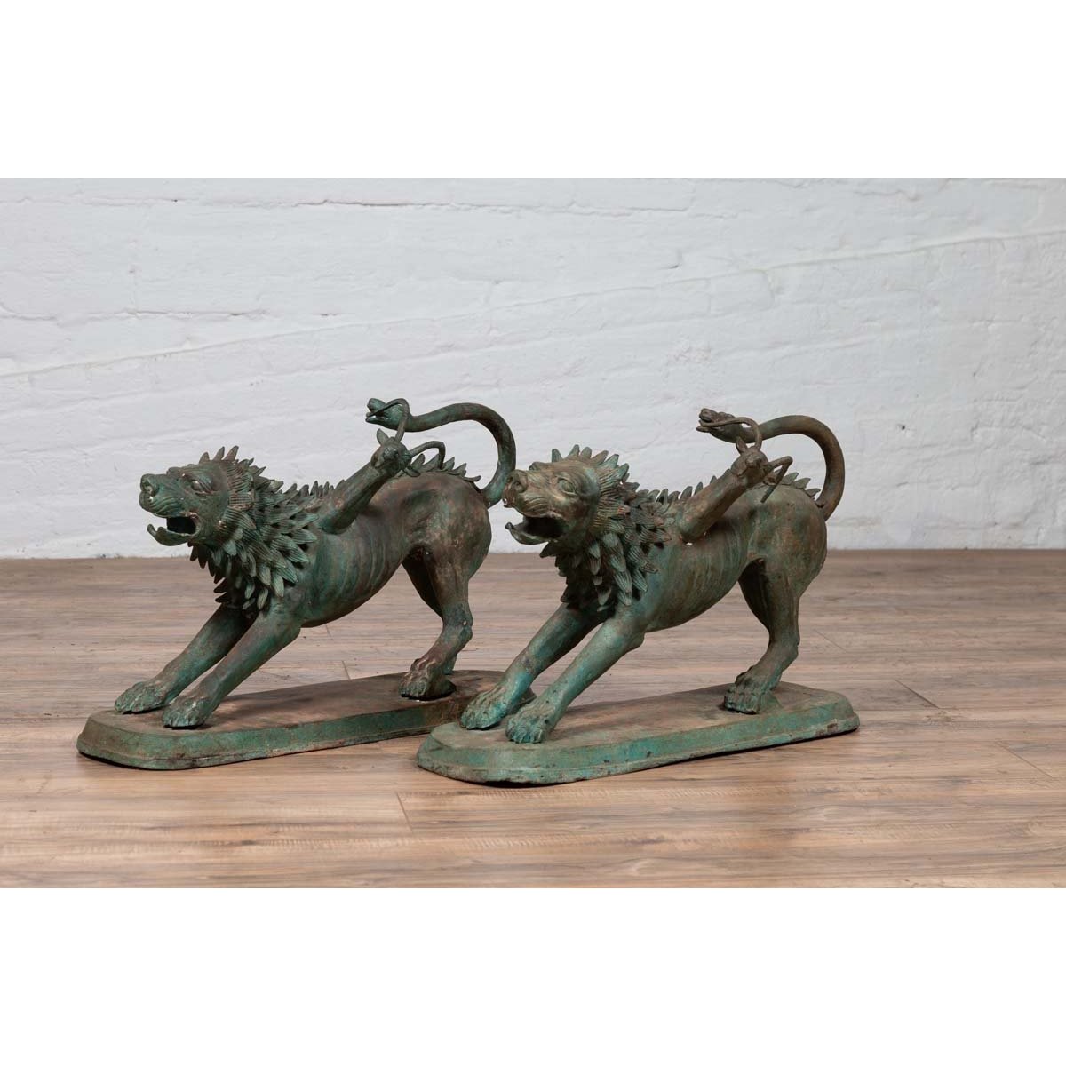 Pair of Contemporary Thai Cast Bronze Mythological Guardian Animal Sculptures-7. Asian & Chinese Furniture, Art, Antiques, Vintage Home Décor for sale at FEA Home