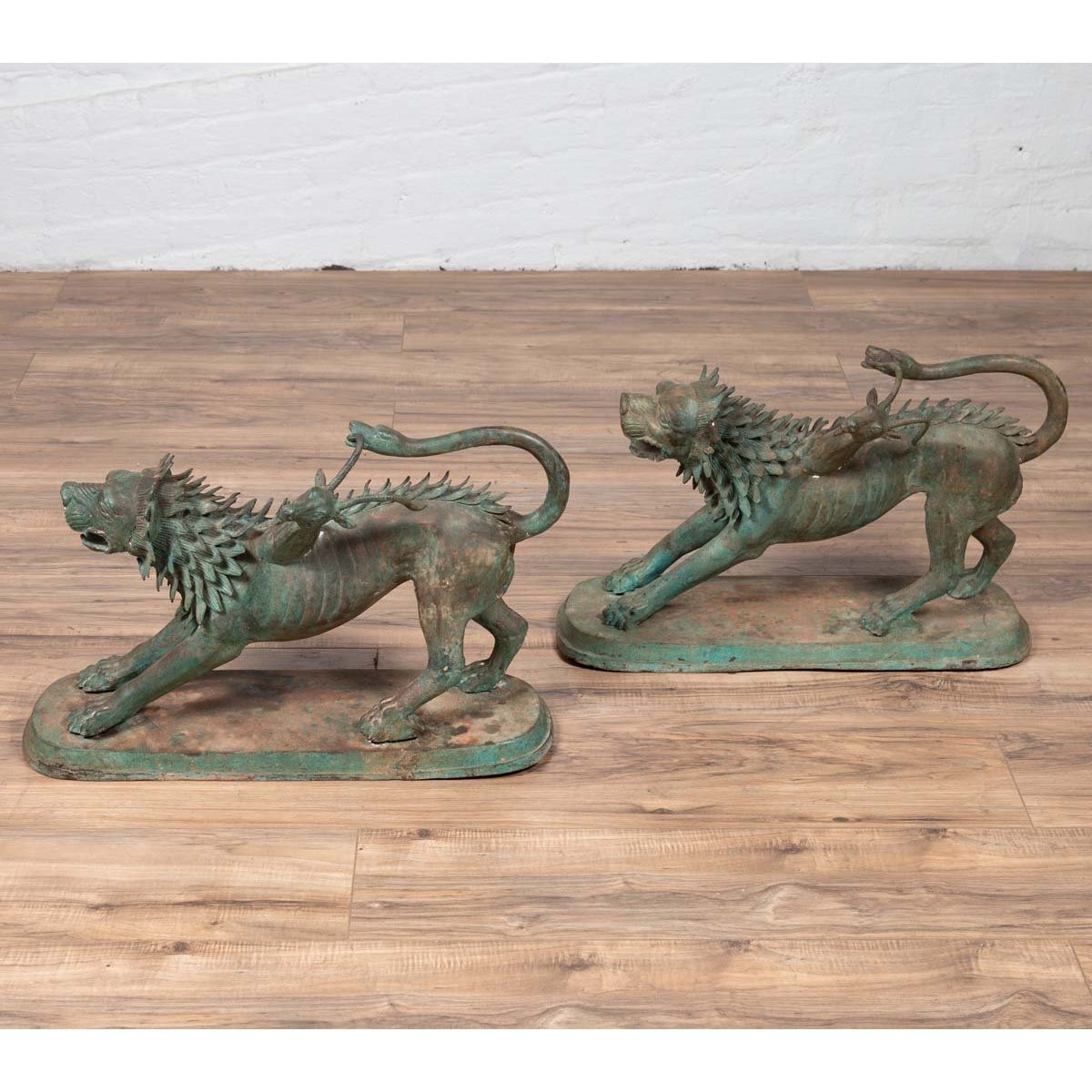 Pair of Contemporary Thai Cast Bronze Mythological Guardian Animal Sculptures-2. Asian & Chinese Furniture, Art, Antiques, Vintage Home Décor for sale at FEA Home