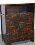 Brown wood display cabinet with painted motifs, two doors, brass handles, and open shelf top in antique Chinese style.