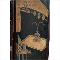 4-Panel Black Lacquered Screen with Chinoiserie