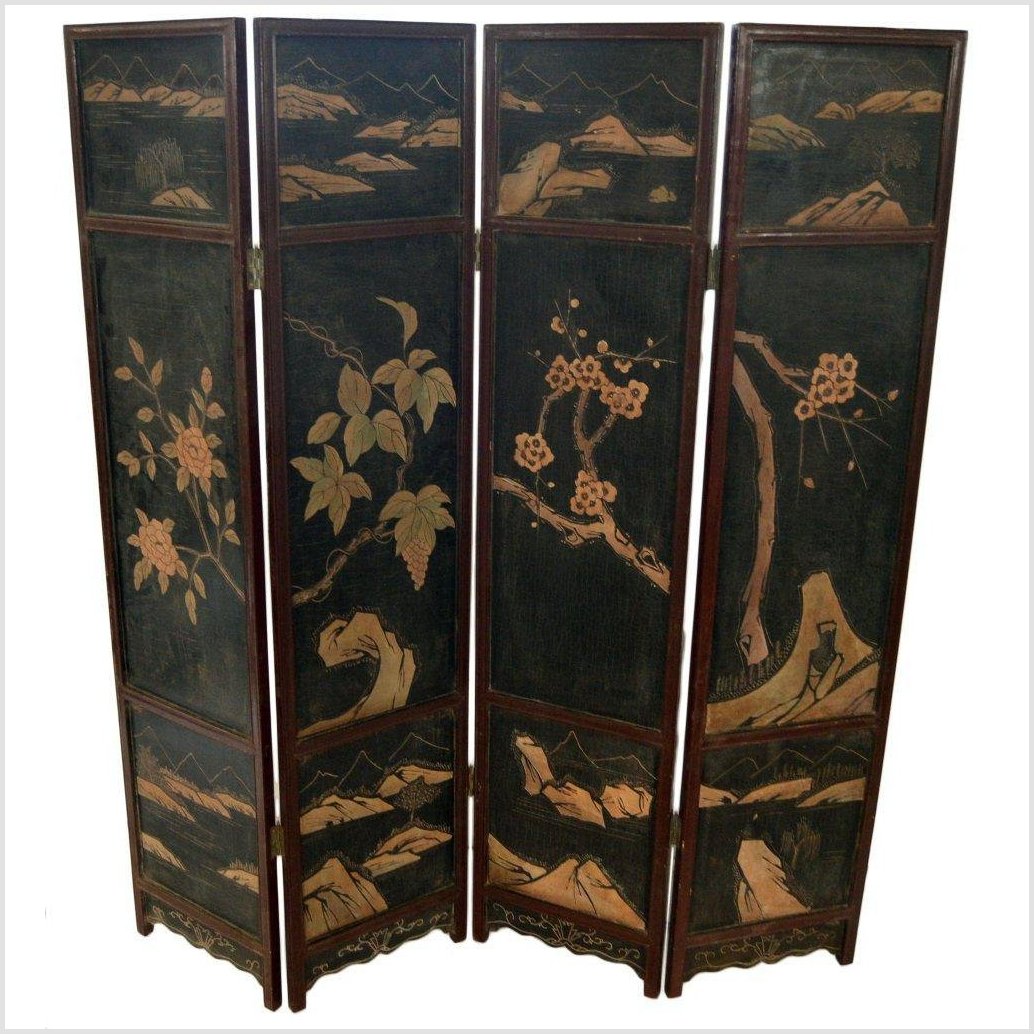 4-Panel Black Lacquered Screen with Chinoiserie-16. Asian & Chinese Furniture, Art, Antiques, Vintage Home Décor for sale at FEA Home