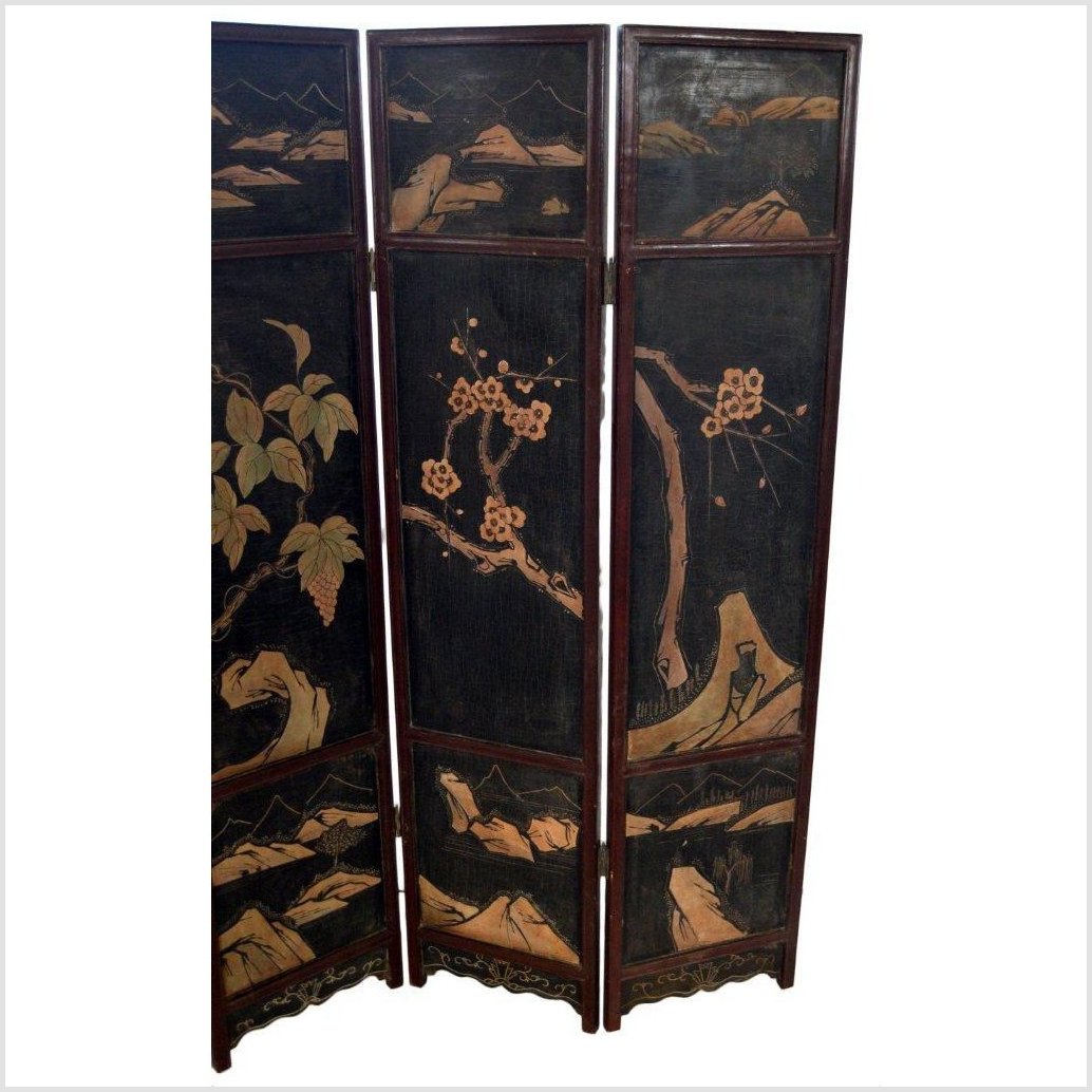 4-Panel Black Lacquered Screen with Chinoiserie-17. Asian & Chinese Furniture, Art, Antiques, Vintage Home Décor for sale at FEA Home