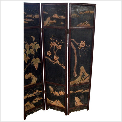 4-Panel Black Lacquered Screen with Chinoiserie-YN2839-17. Asian & Chinese Furniture, Art, Antiques, Vintage Home Décor for sale at FEA Home